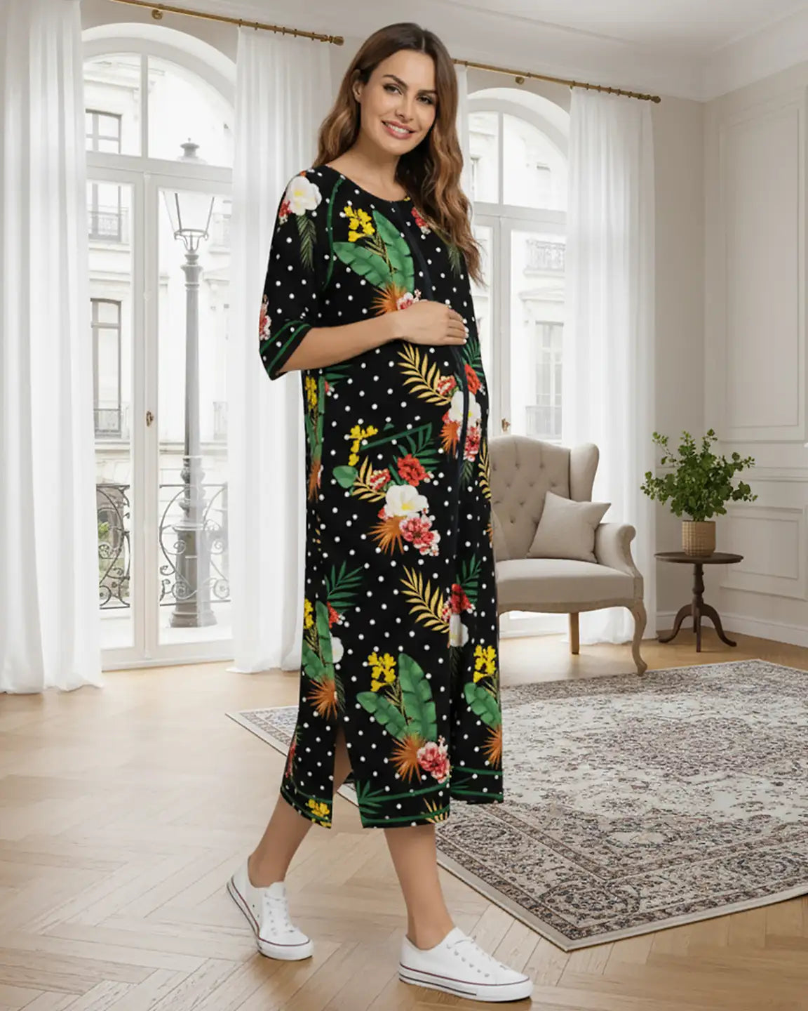 Zip-Front Tropical Print Maternity & Nursing Lounge Dress