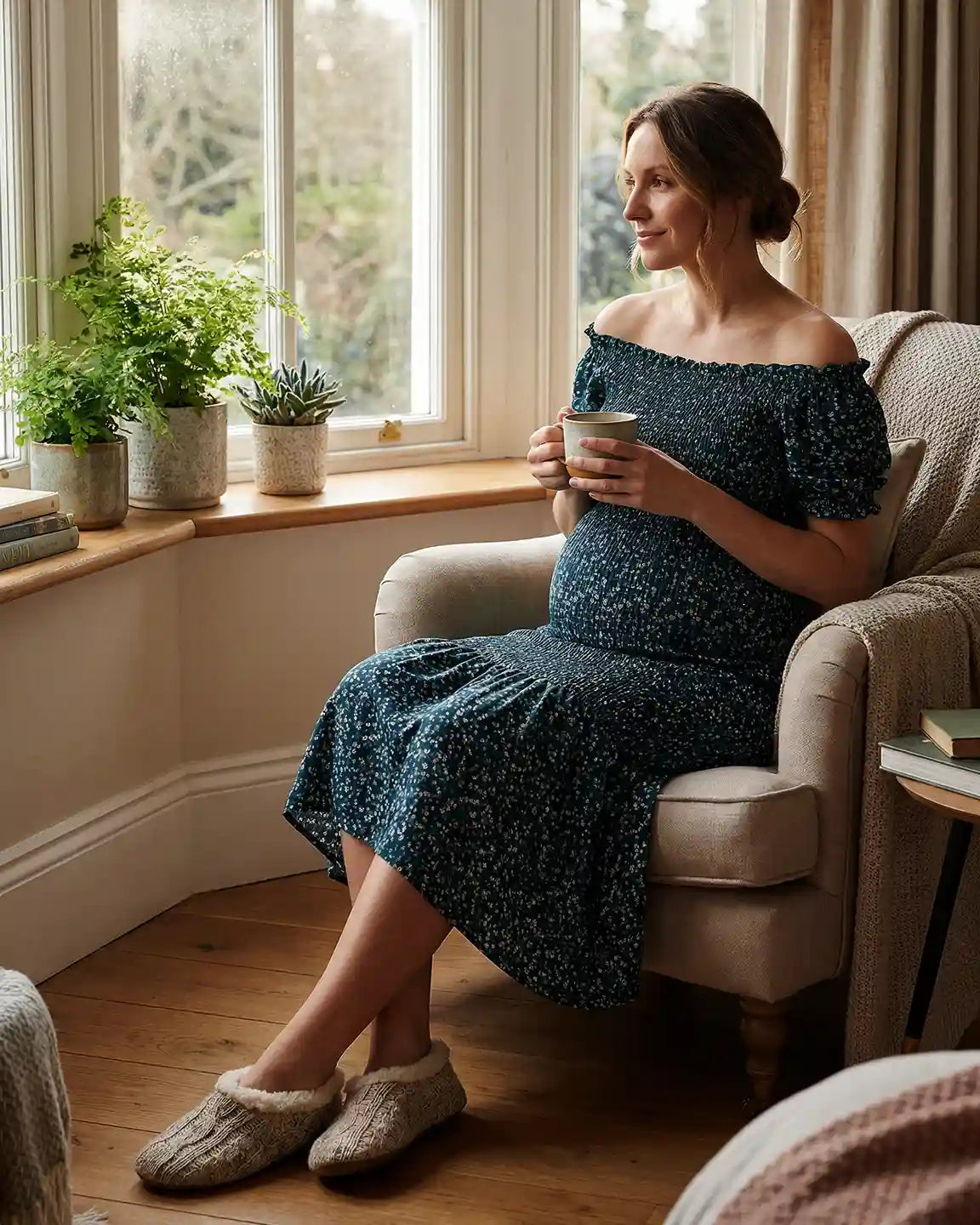 Puff Sleeve Smocked Maternity Midi Dress