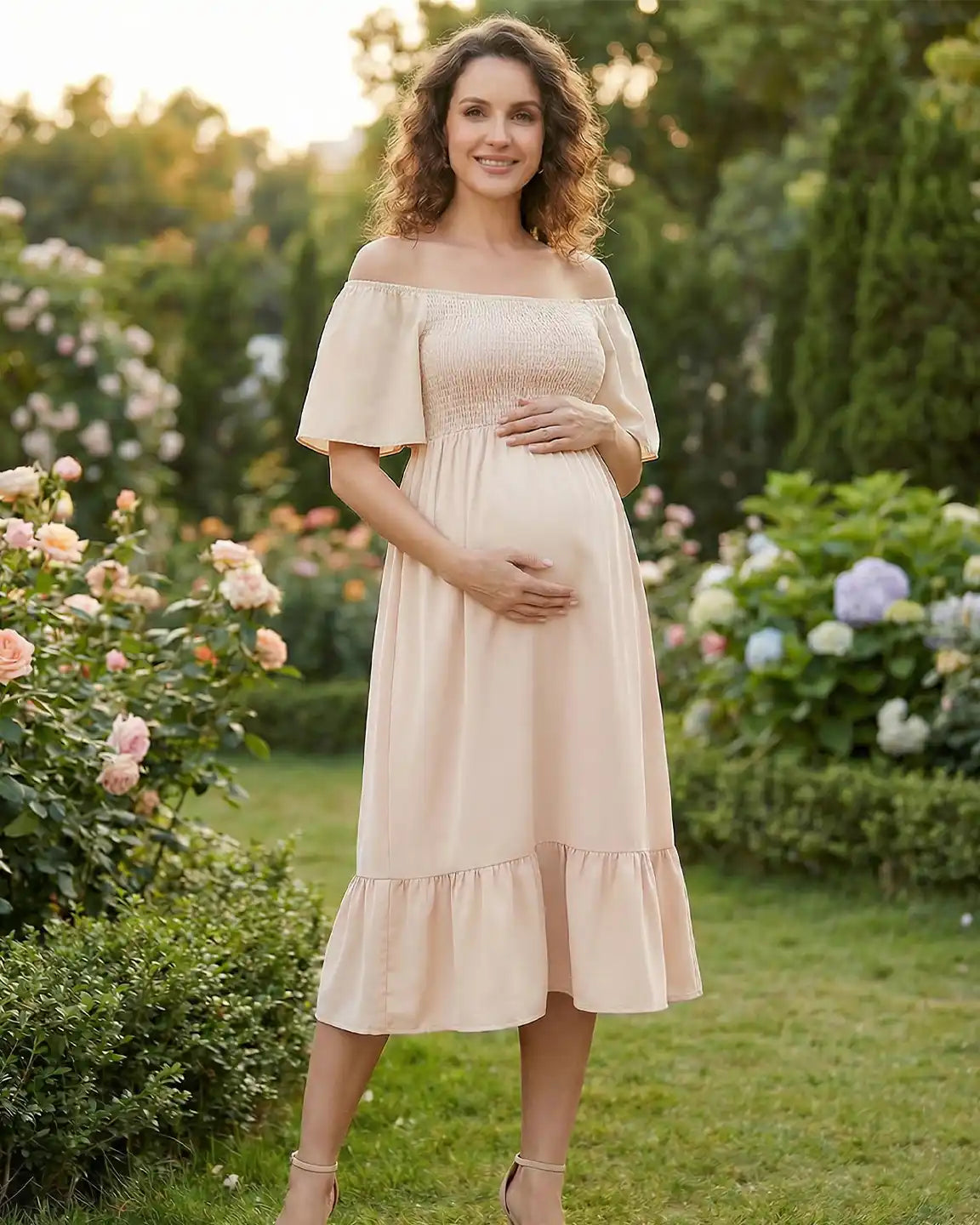 Flutter-Sleeve Smocked Maternity Midi Dress