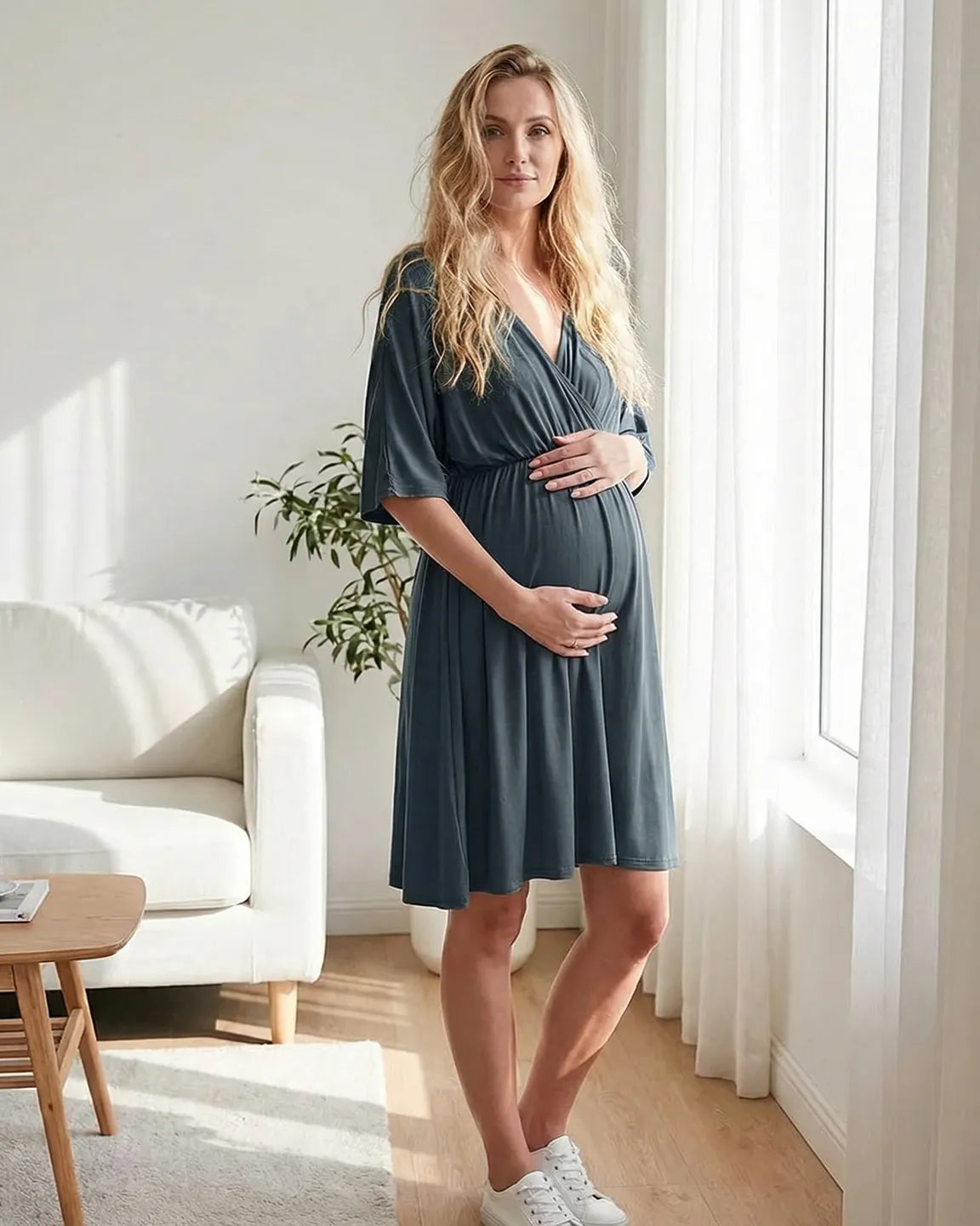 Cross-Front Romantic Style Maternity Midi Dress