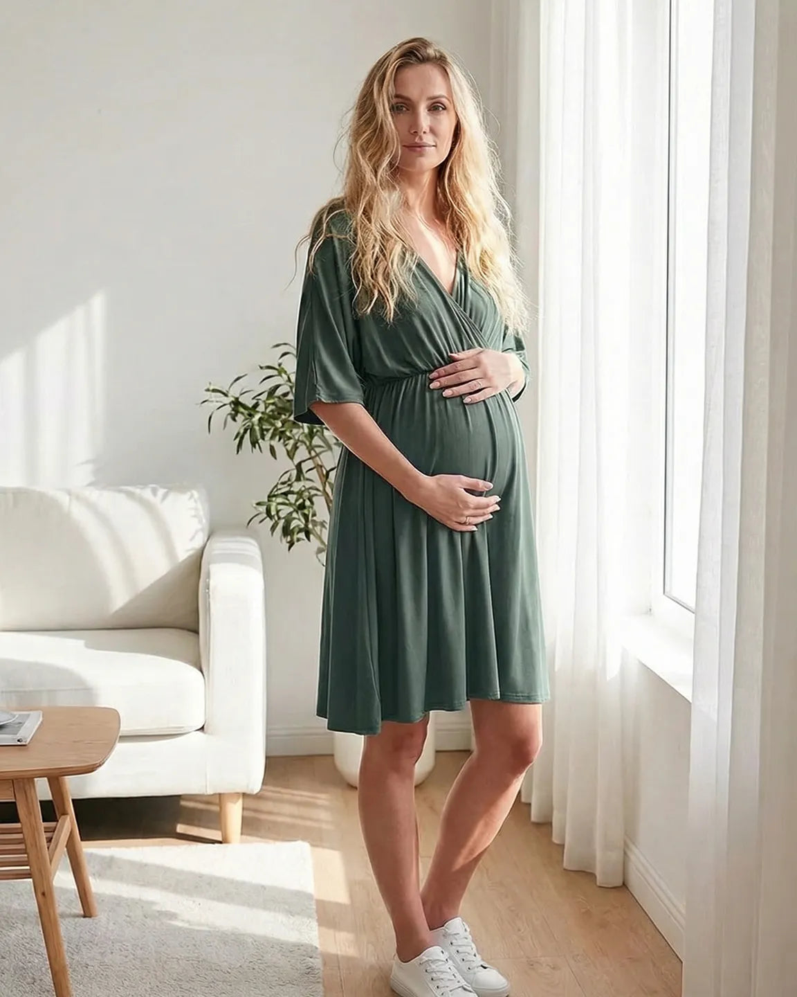 Cross-Front Romantic Style Maternity Midi Dress