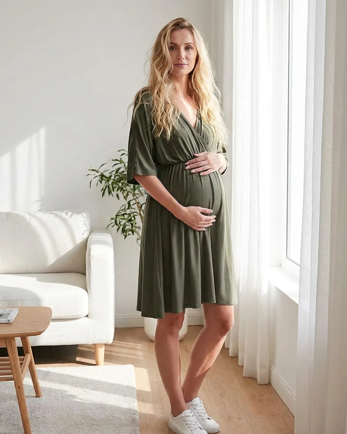 Cross-Front Romantic Style Maternity Midi Dress