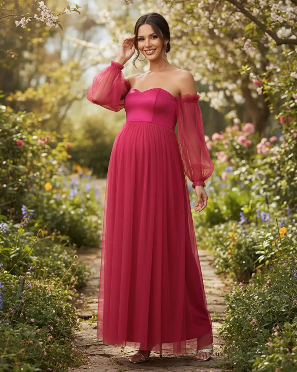 Off-Shoulder Mesh-Sleeve Maternity Gown
