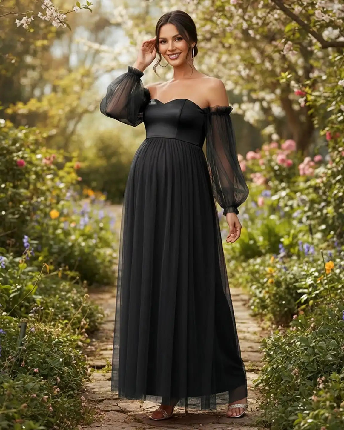Off-Shoulder Mesh-Sleeve Maternity Gown