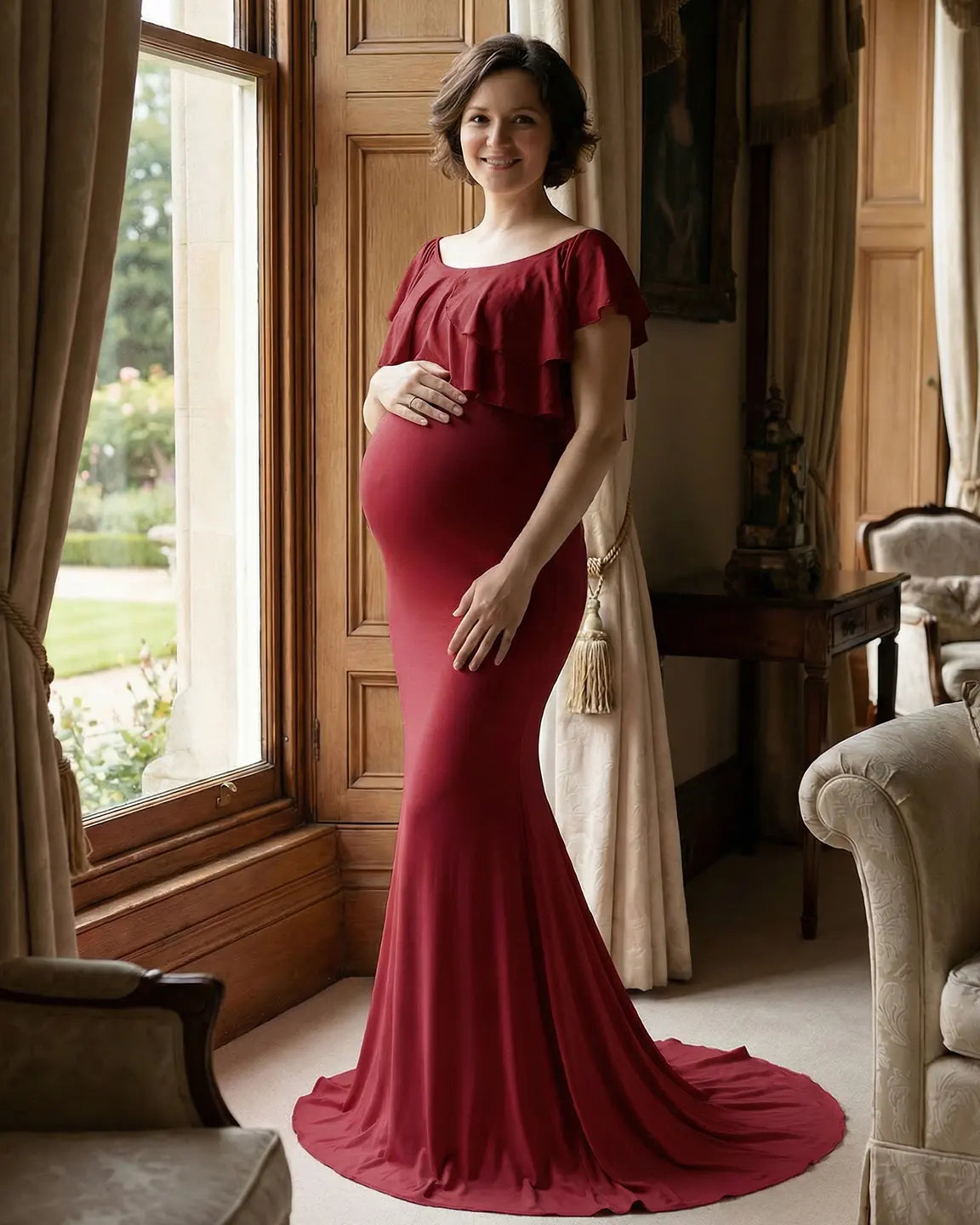 Ruffle-Off Shoulder Trailing Maternity Gown