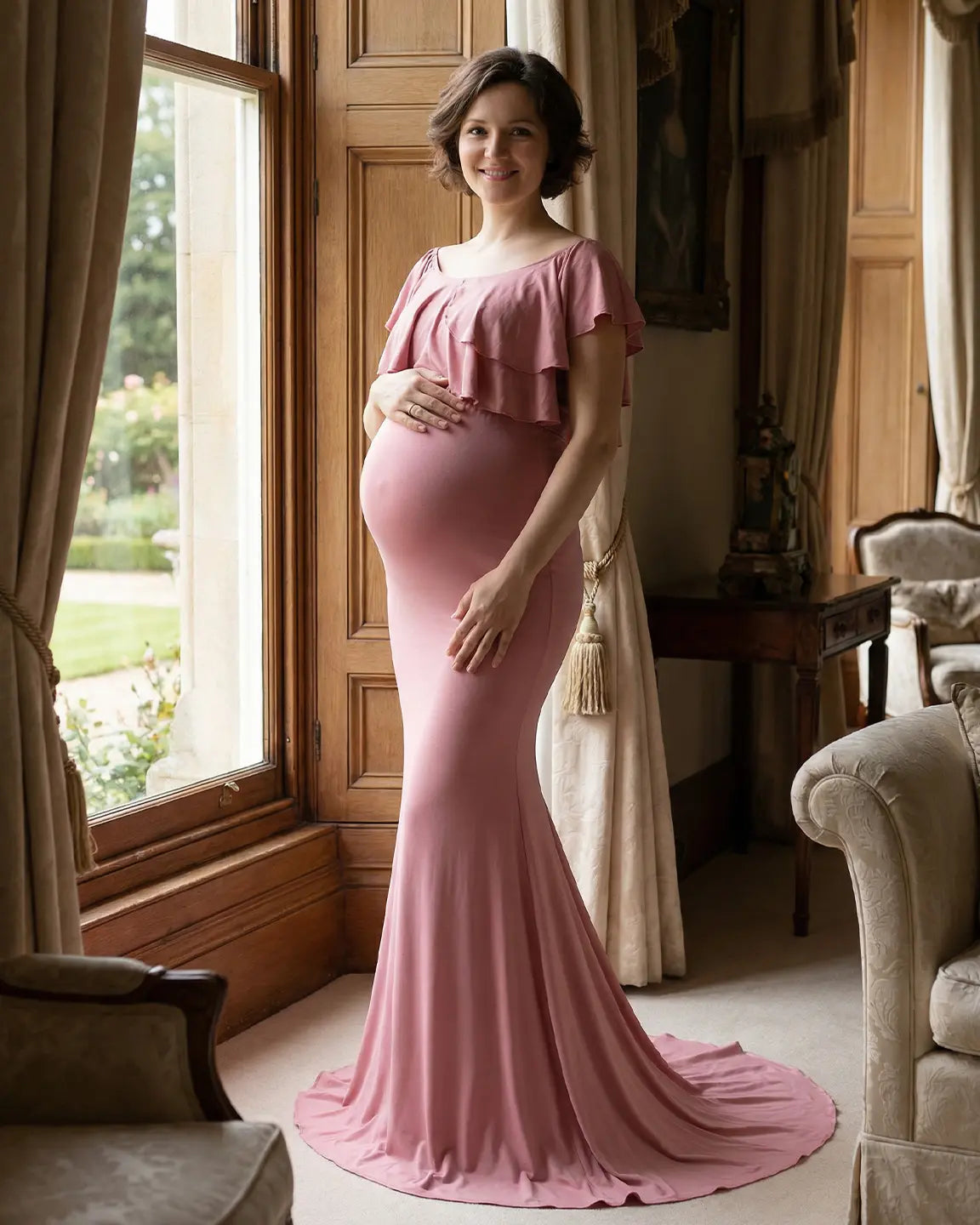 Ruffle-Off Shoulder Trailing Maternity Gown
