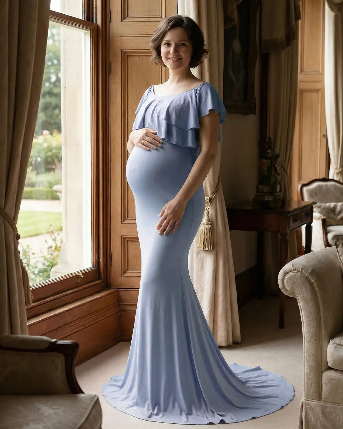 Ruffle-Off Shoulder Trailing Maternity Gown