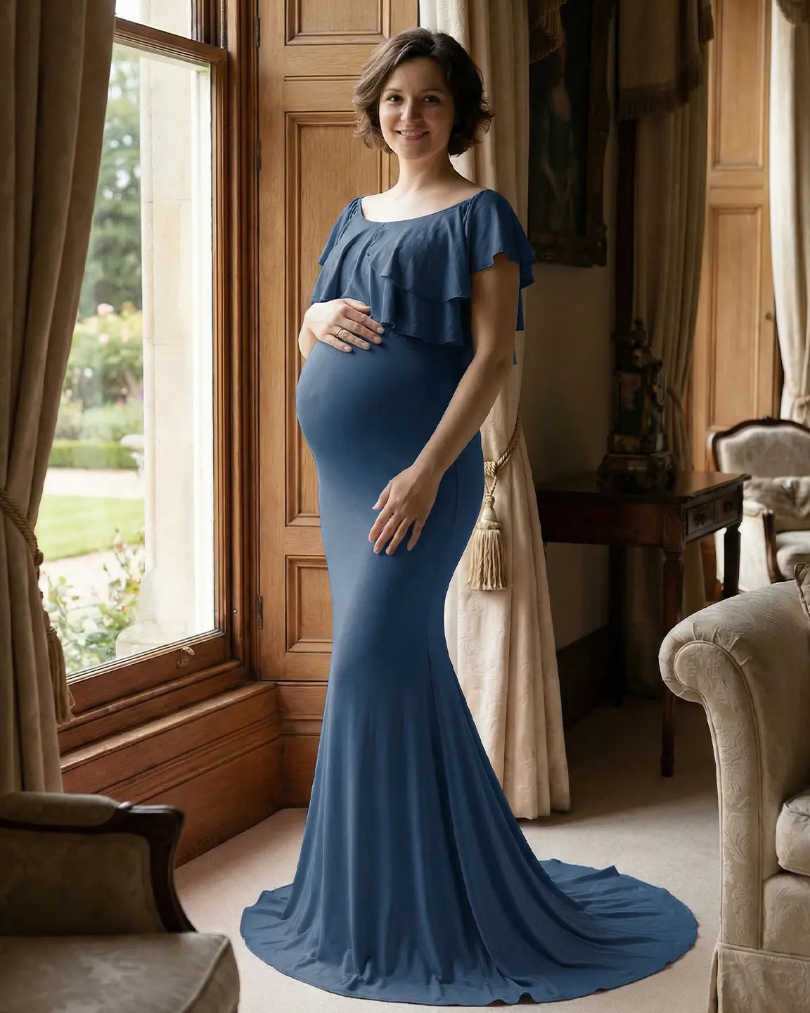 Ruffle-Off Shoulder Trailing Maternity Gown