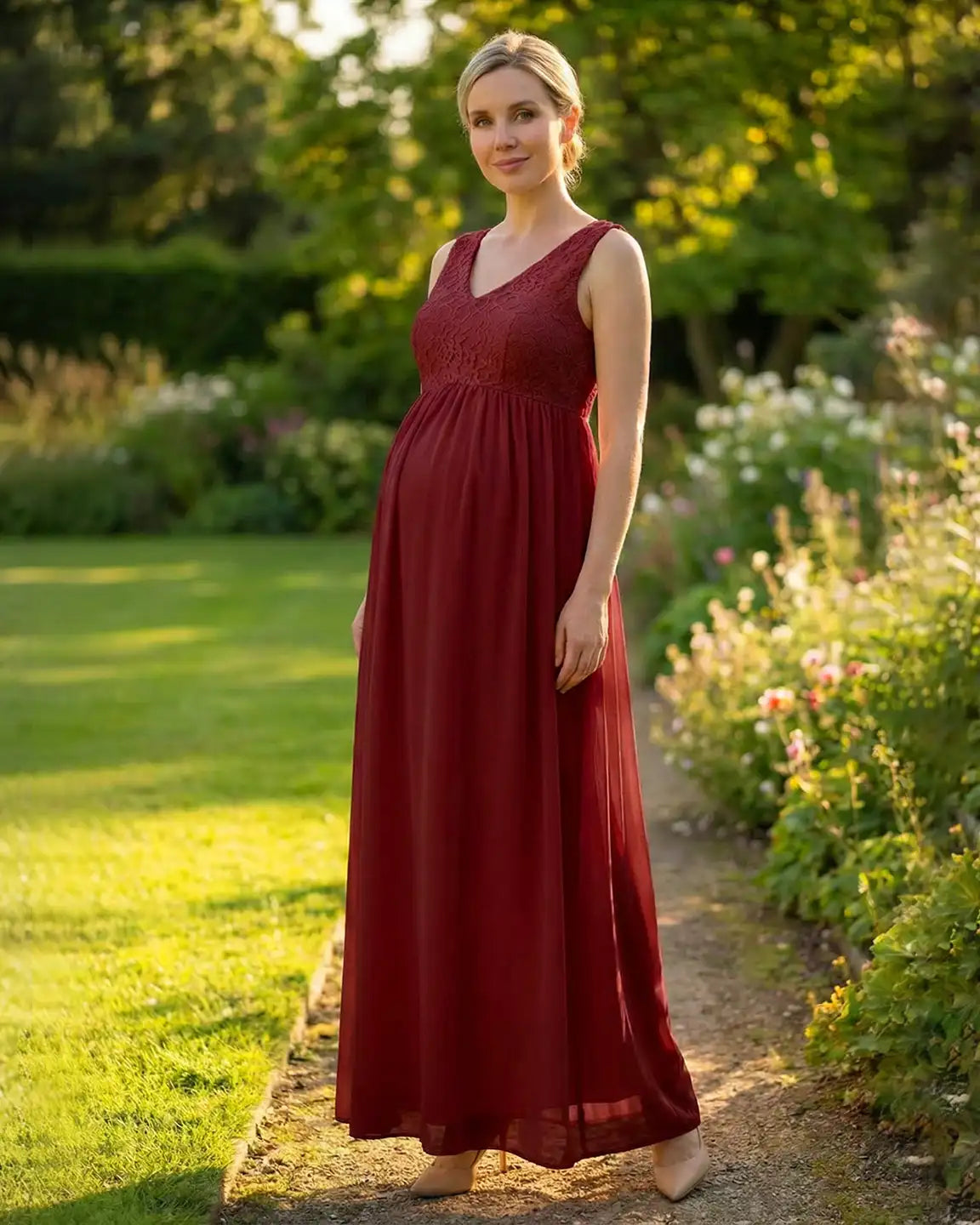 Lace-Chiffon Romantic Maternity Maxi Dress