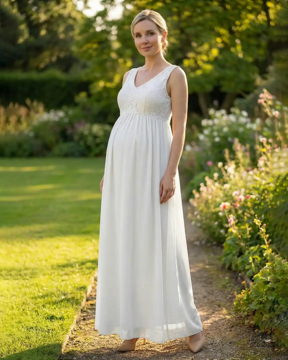 Lace-Chiffon Romantic Maternity Maxi Dress