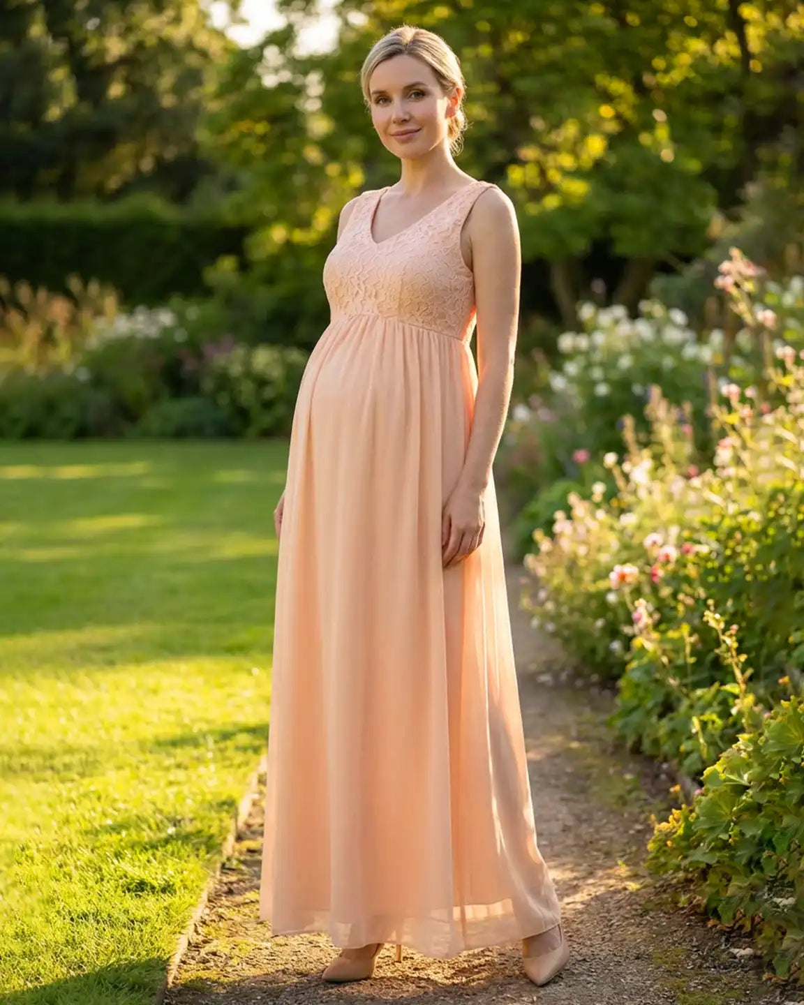 Lace-Chiffon Romantic Maternity Maxi Dress