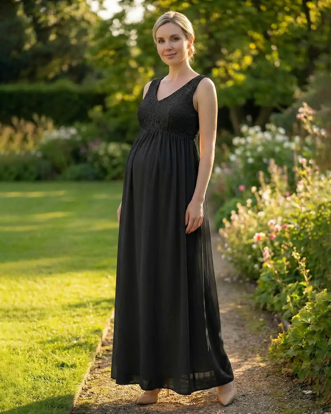 Lace-Chiffon Romantic Maternity Maxi Dress