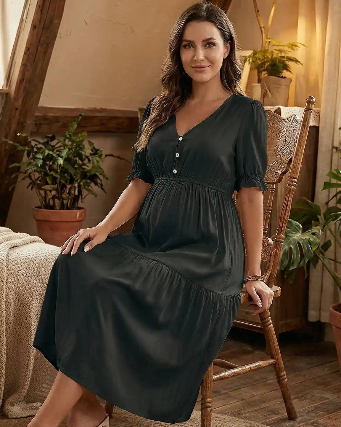 V-Neck Puff Sleeve Maternity Midi Dress