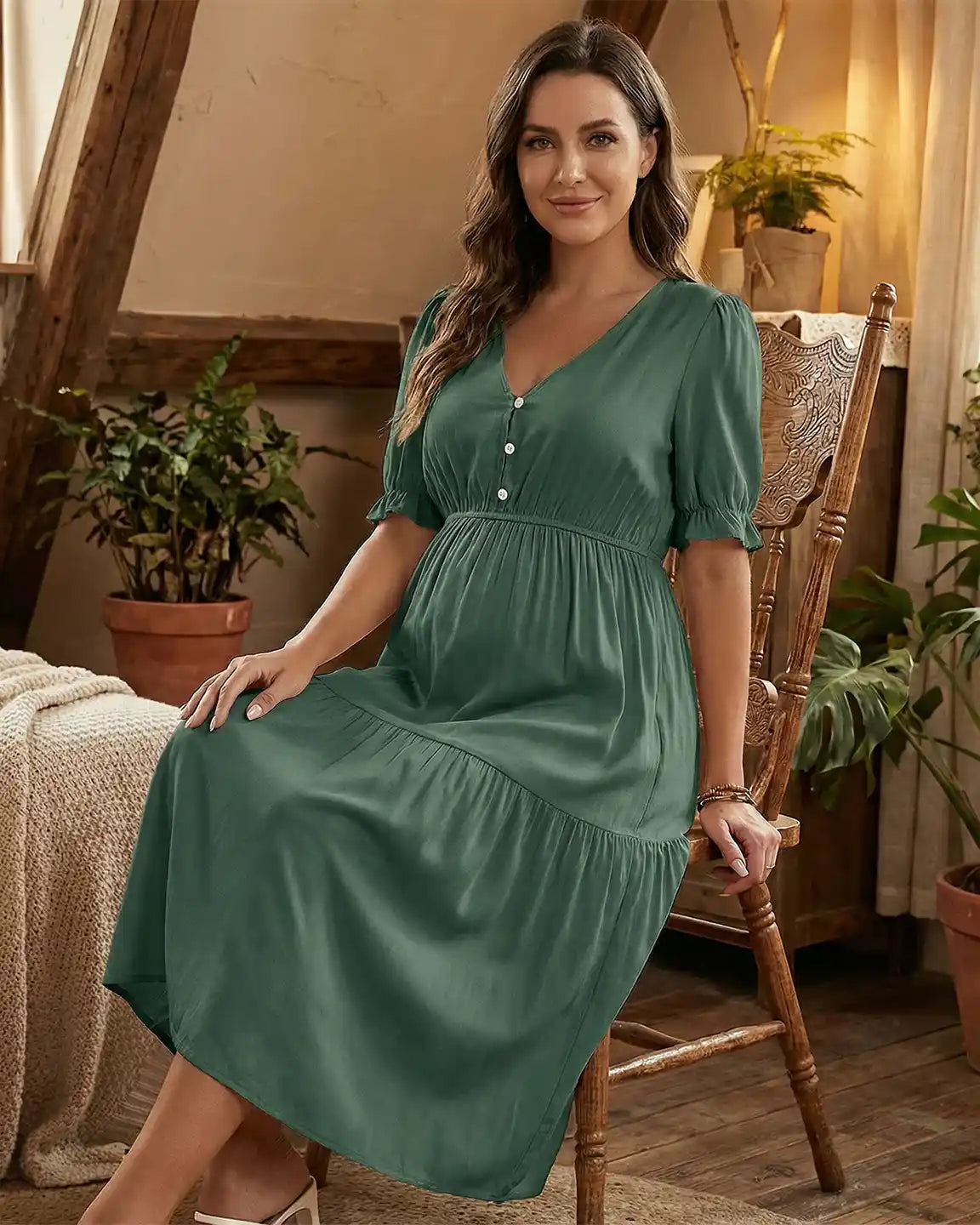 V-Neck Puff Sleeve Maternity Midi Dress