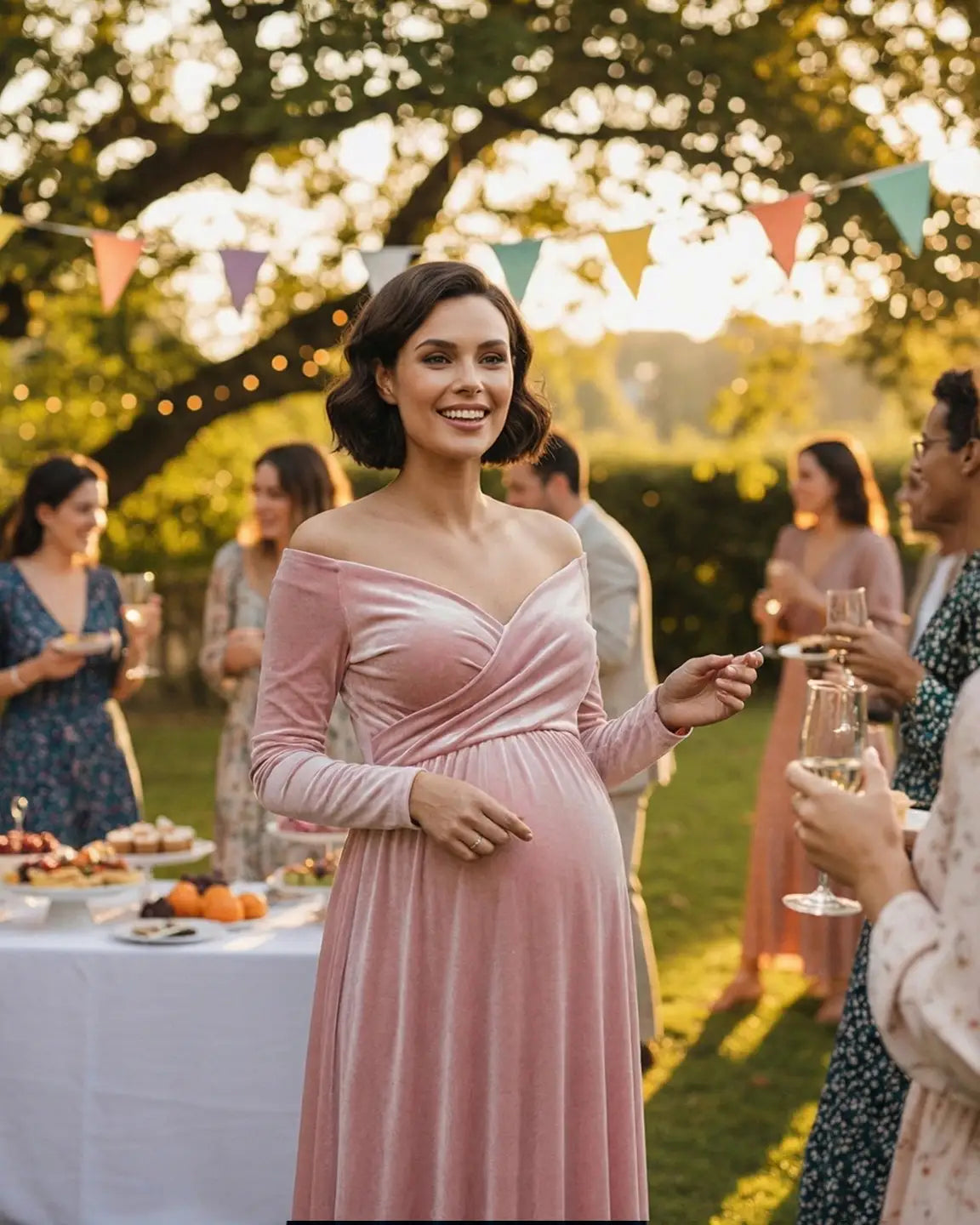 Off-Shoulder Velvet Maternity Gown