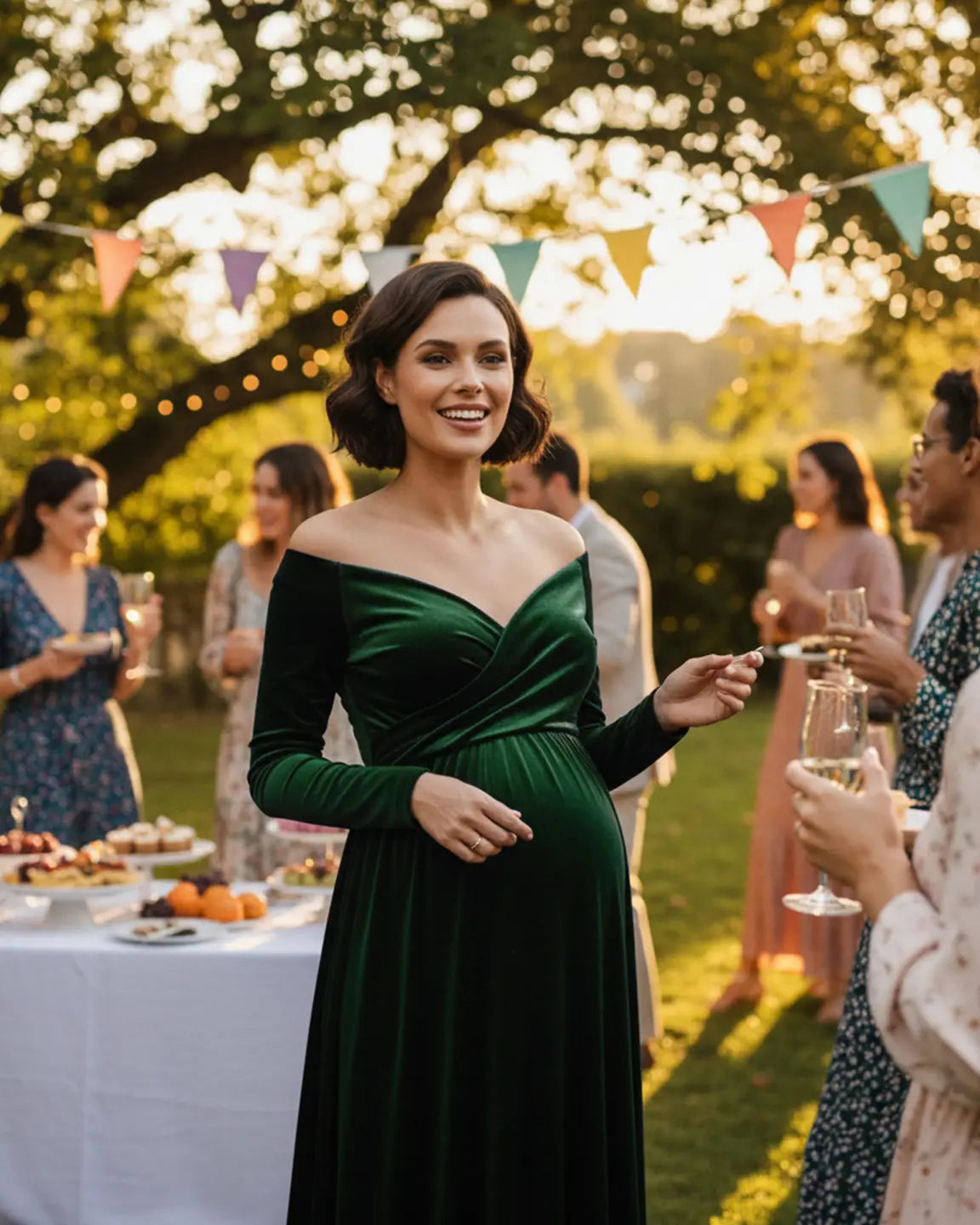 Off-Shoulder Velvet Maternity Gown