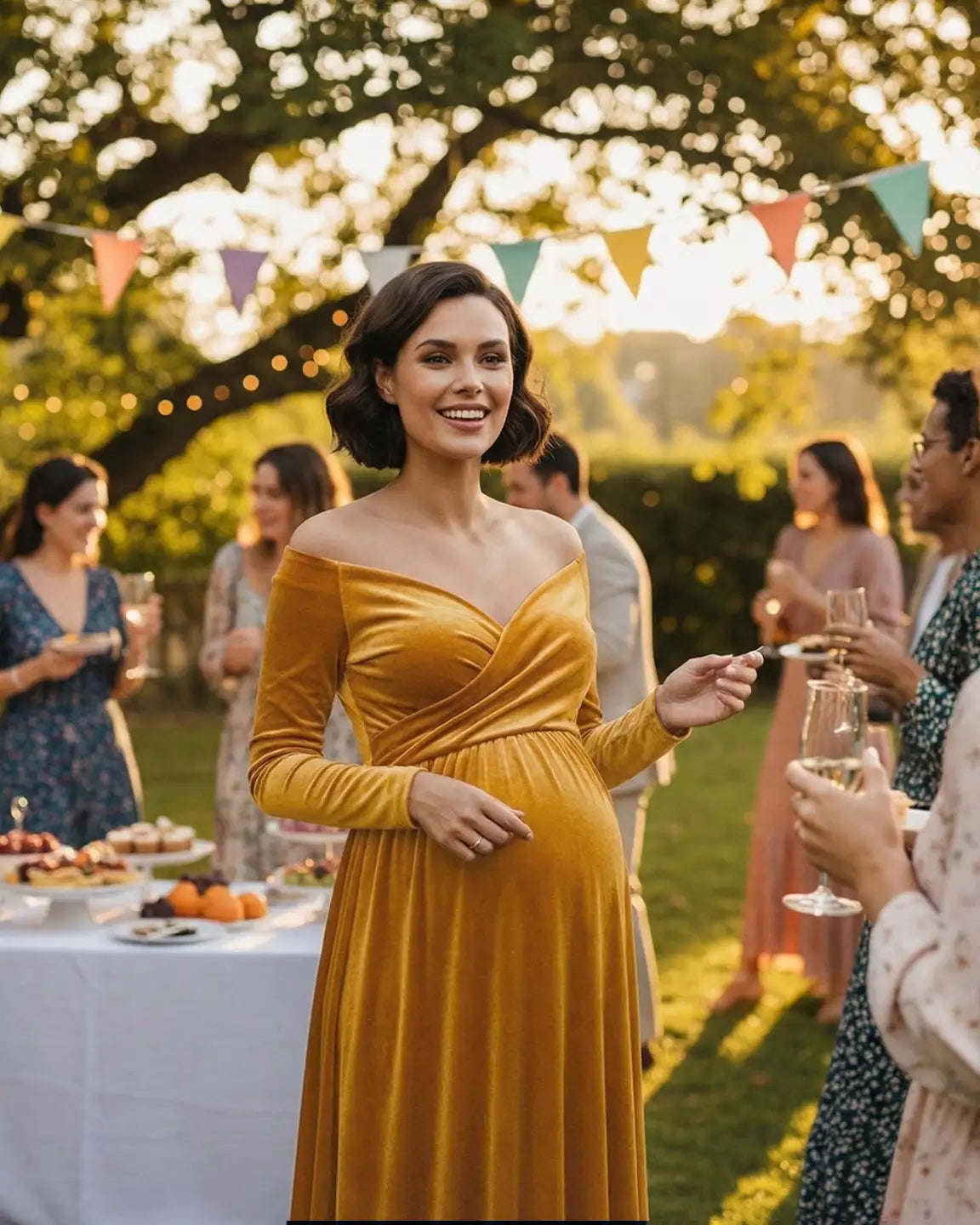 Off-Shoulder Velvet Maternity Gown