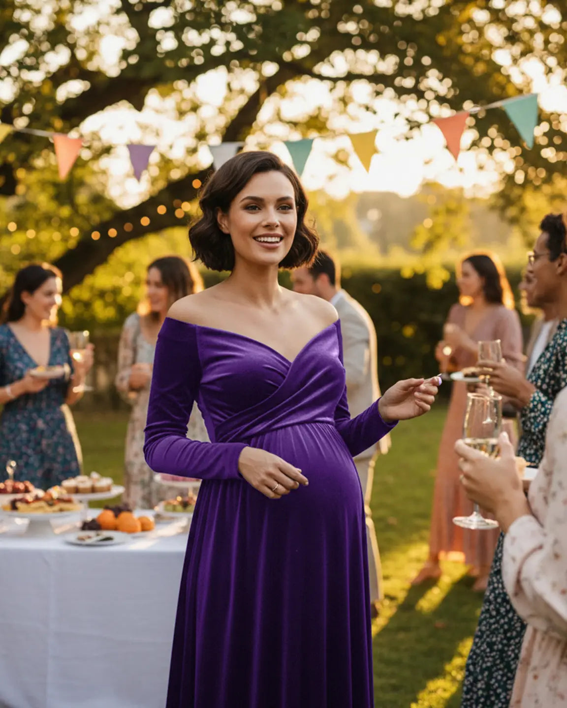 Off-Shoulder Velvet Maternity Gown