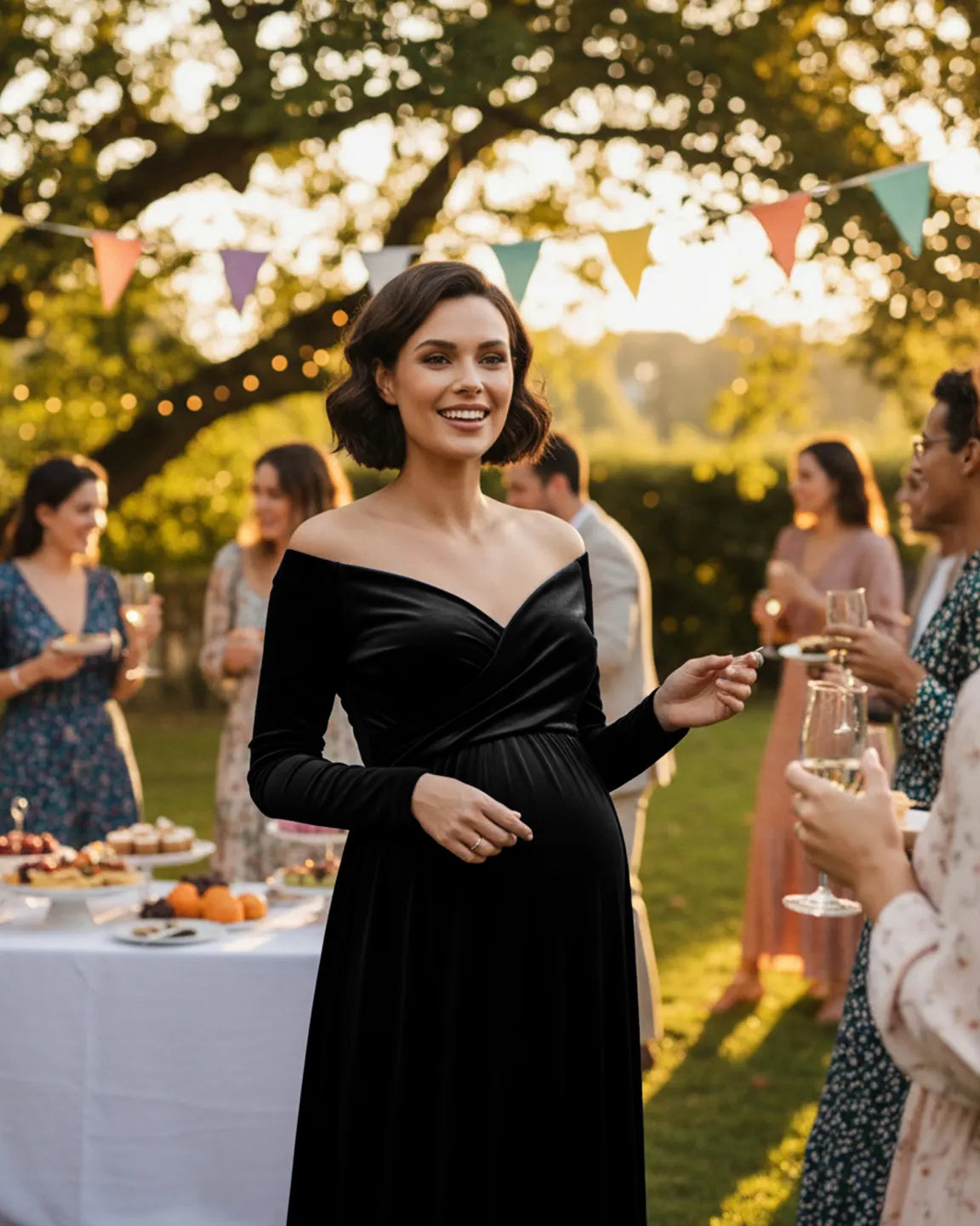 Off-Shoulder Velvet Maternity Gown