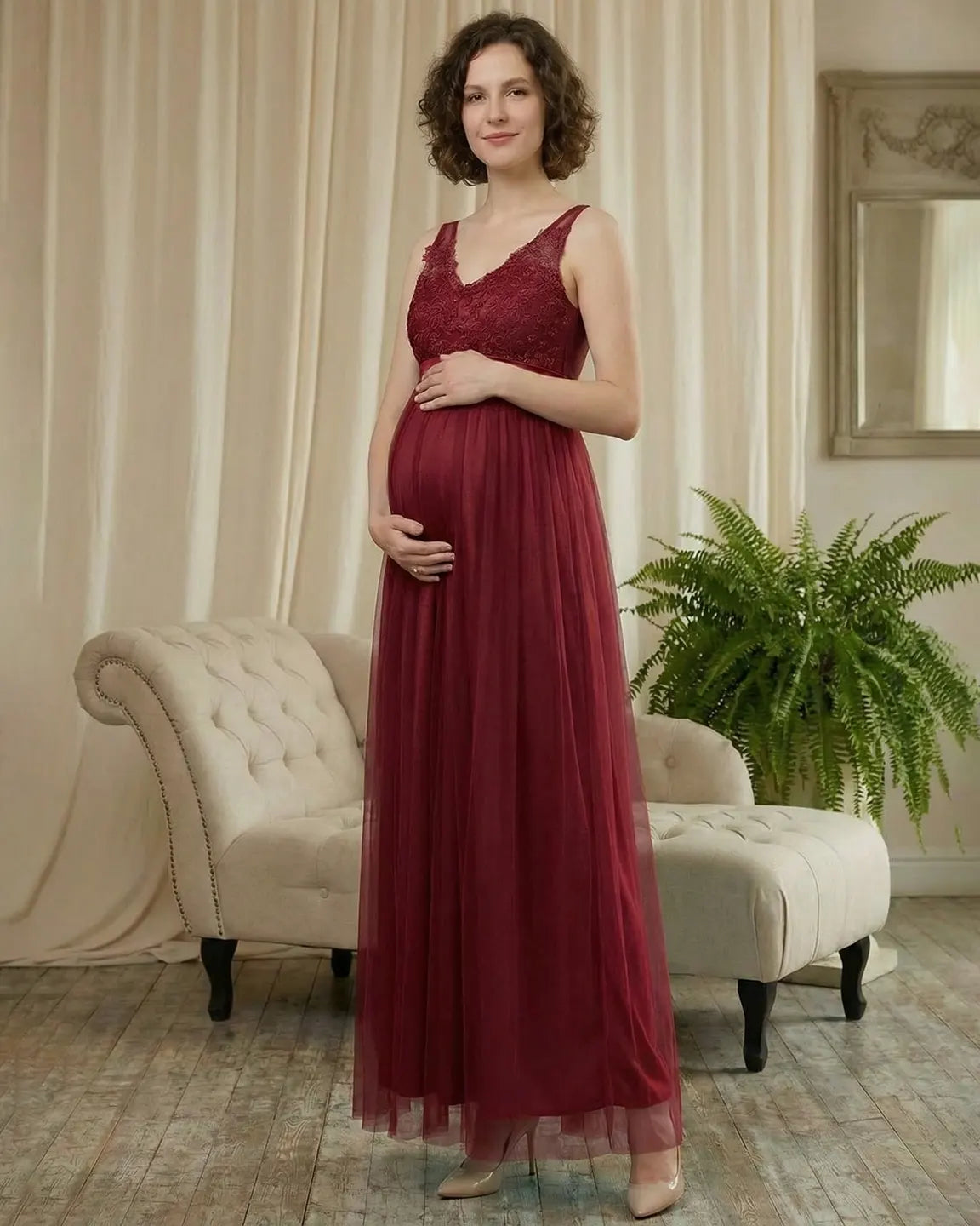 Lace-Trim Tulle Maternity Maxi Dress