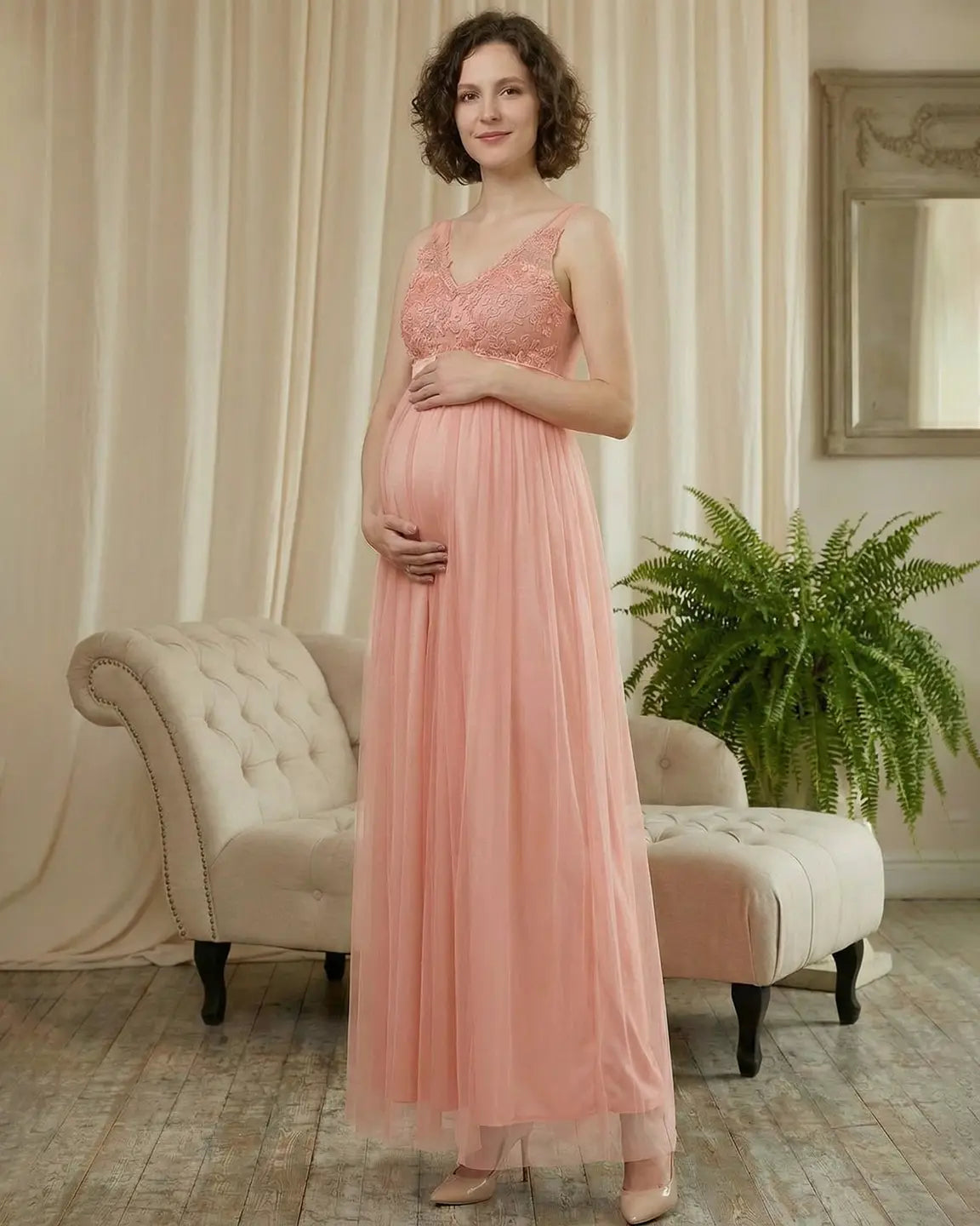 Lace-Trim Tulle Maternity Maxi Dress