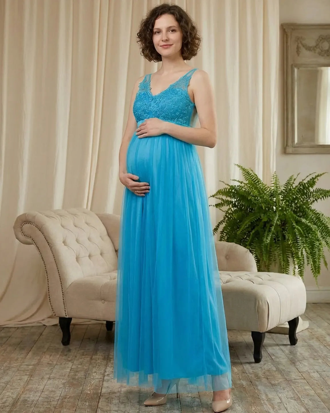 Lace-Trim Tulle Maternity Maxi Dress