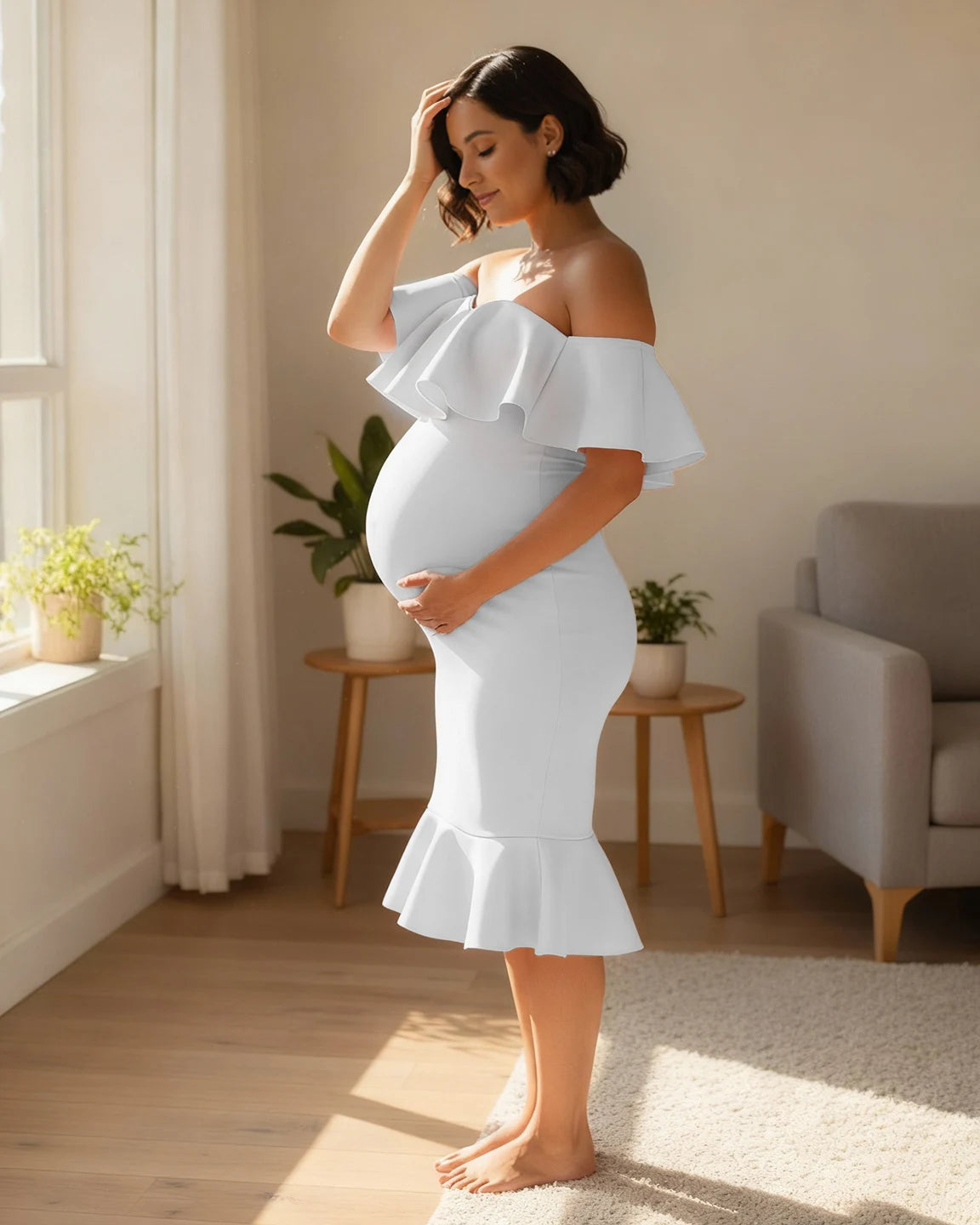 Ruffled Off-Shoulder Mermaid Hem Maternity Photography Gown