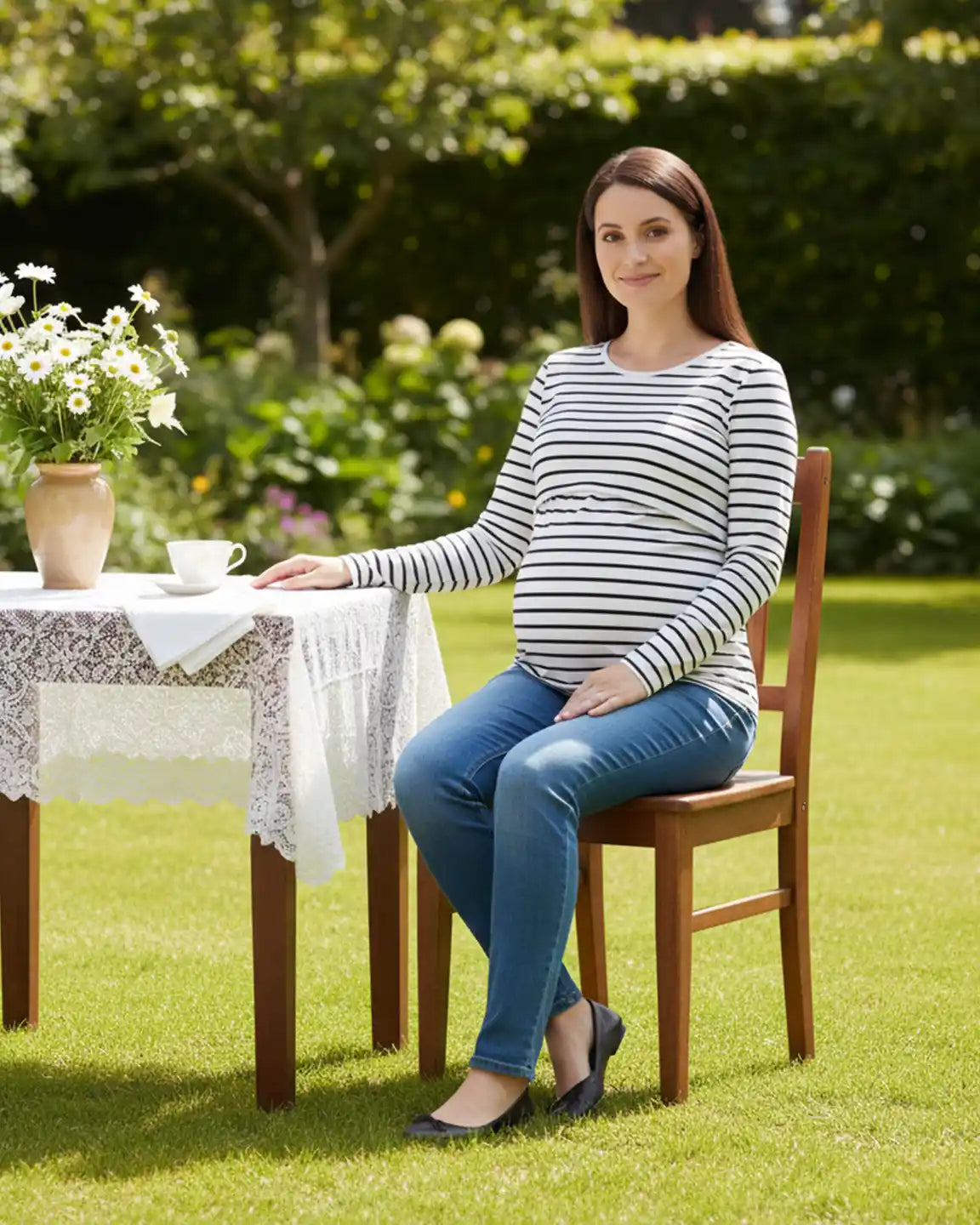 Round Neck Striped Print Maternity & Nursing Top