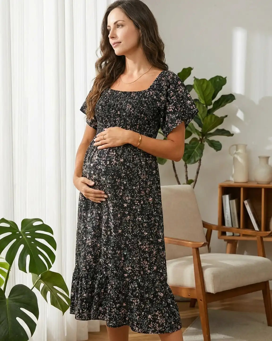 Smocked Bodice Off-Shoulder Maternity Midi Dress