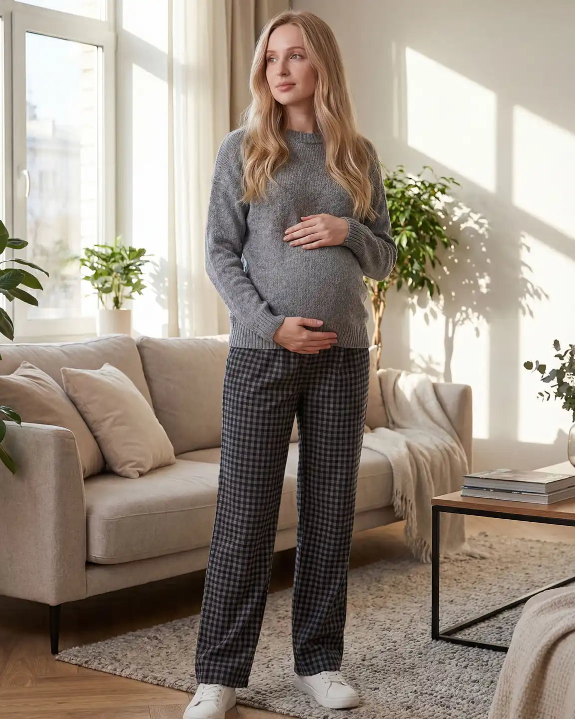 Gingham Plaid Relaxed-Fit Maternity Pants