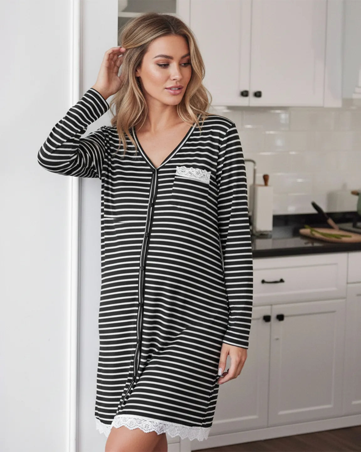 Striped Button Up Loose Fit Maternity Nightgown