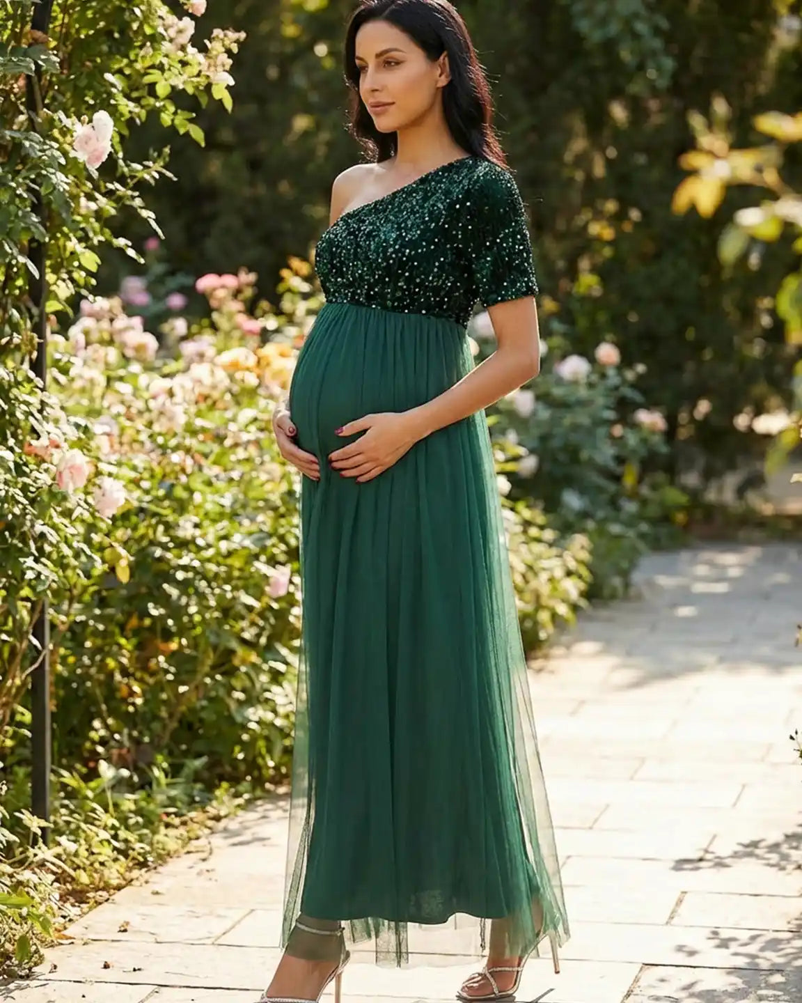 Sequin One-Shoulder Dreamy Maternity Maxi Dress