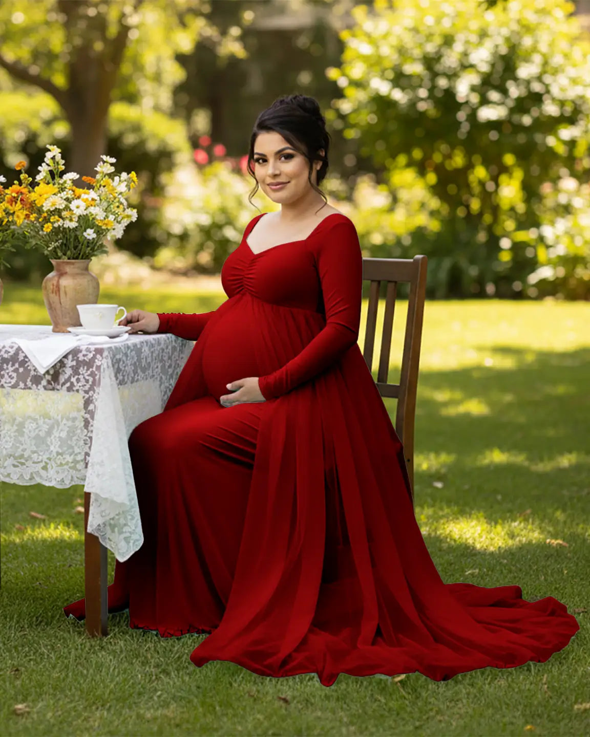 Sheer Mesh Flowy Train Maternity Maxi Dress