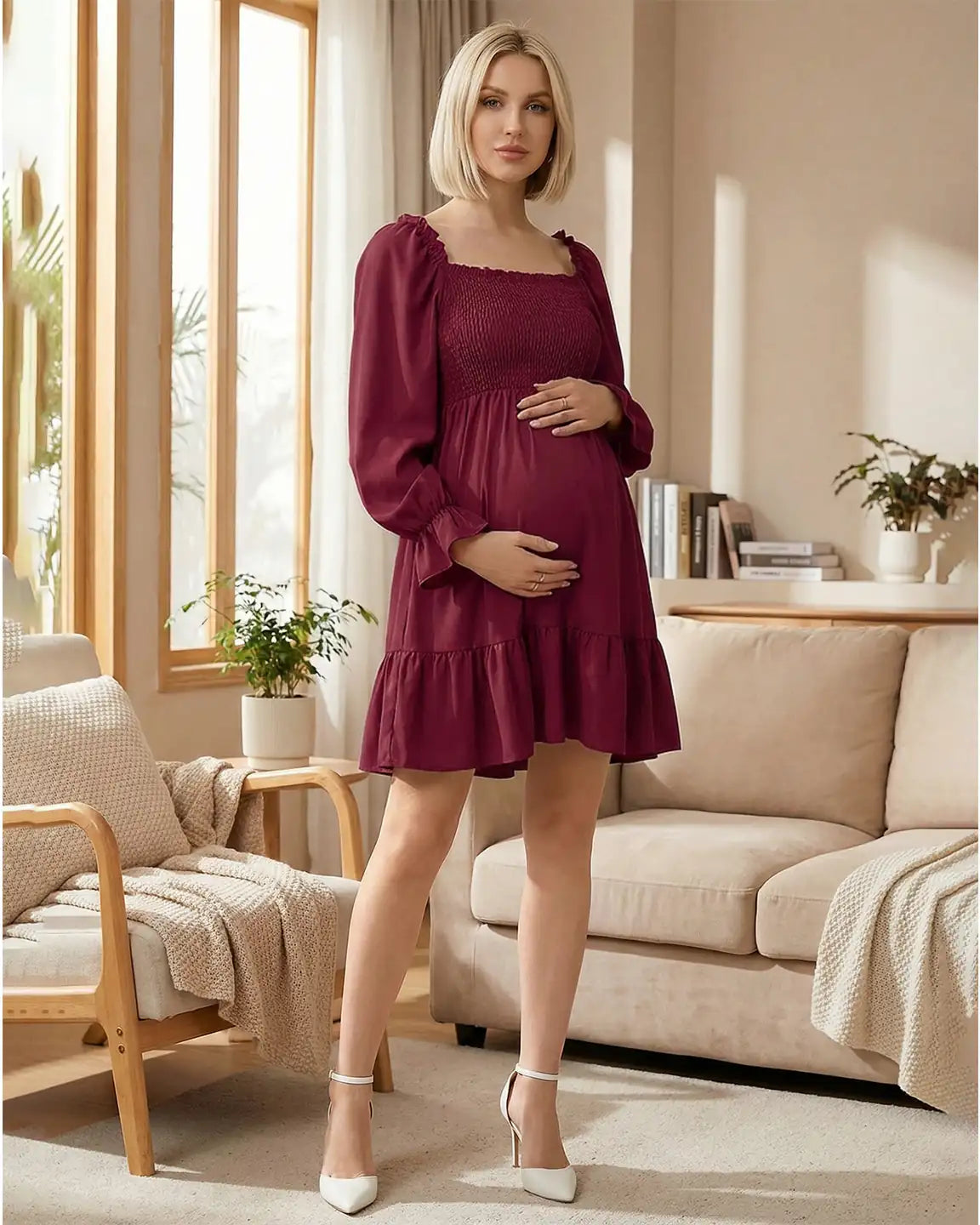 Flared Sleeve Smocked Babydoll Maternity Dress