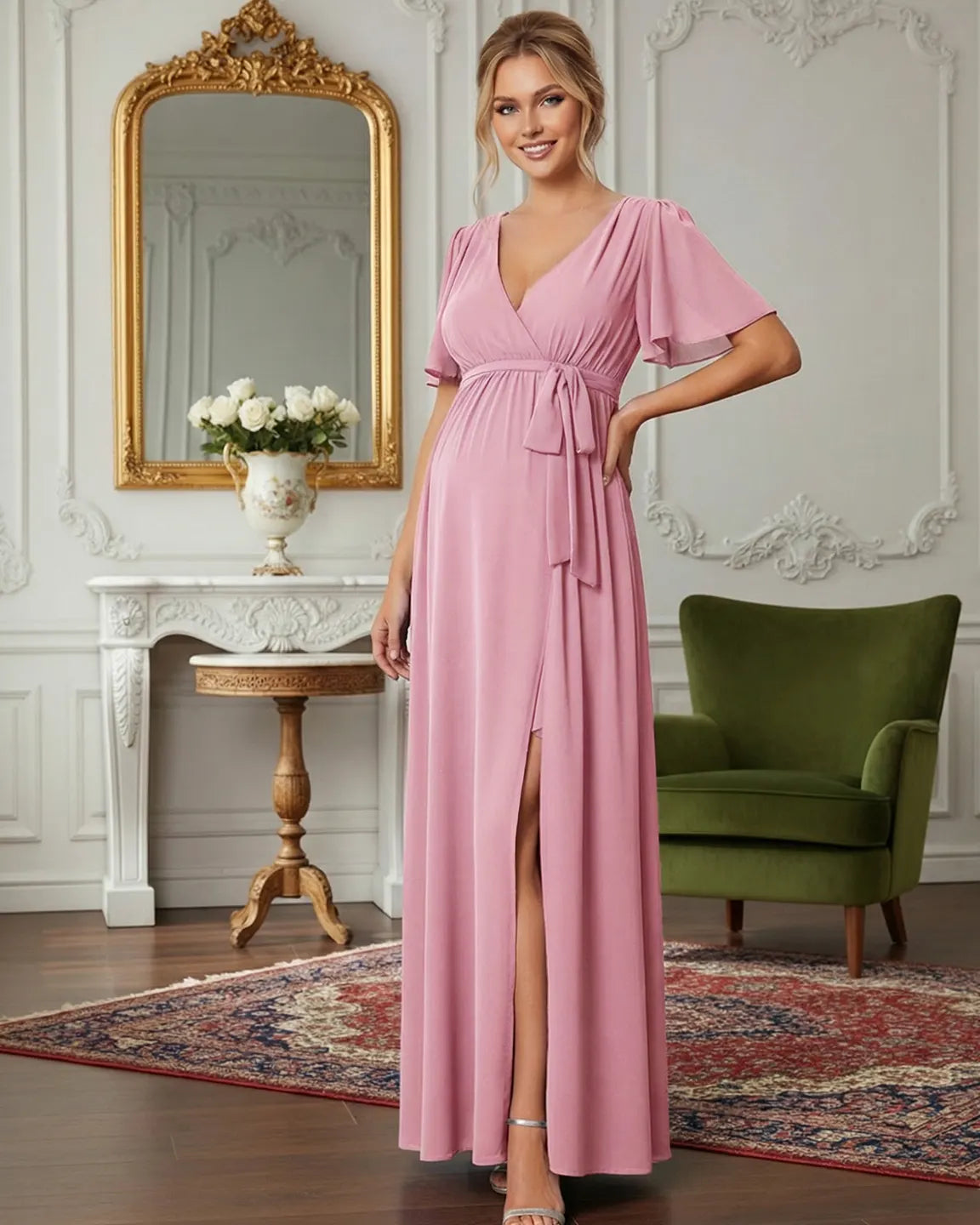V-Neck A-line Maternity Maxi Dress