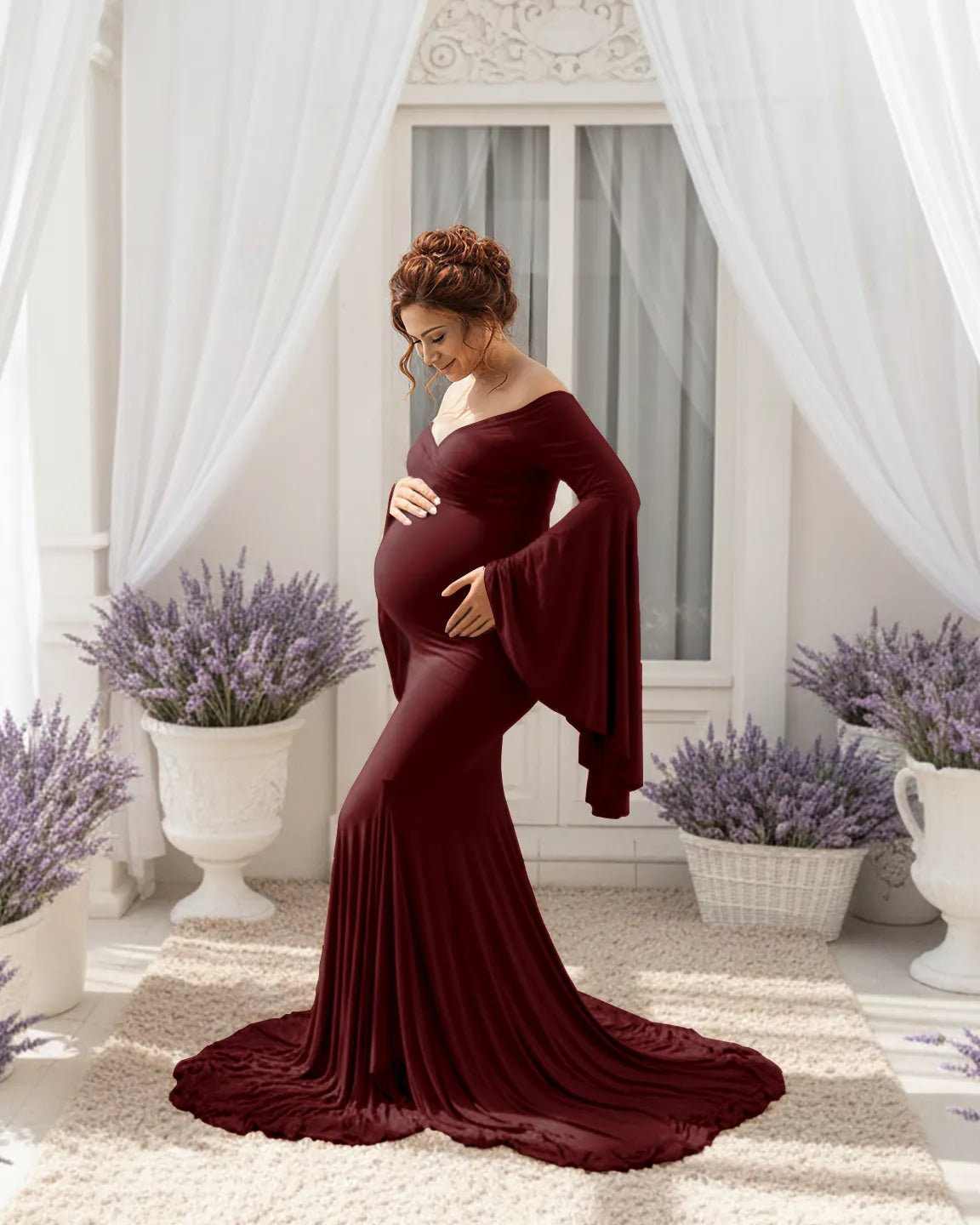 Flared Sleeve Fishtail Train Maternity Photoshoot Dress