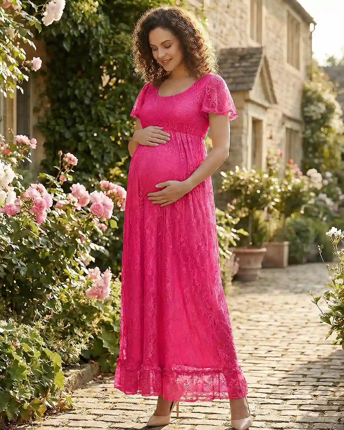 Ruffled Hem Floral Lace Maternity Photoshoot Dress