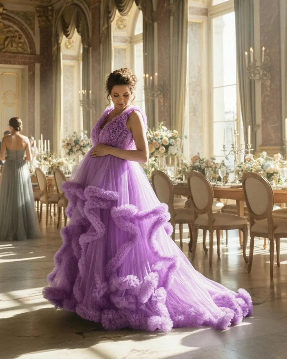 Ruffled Bodice Multi-Layer Mesh Pleats Maternity Gown