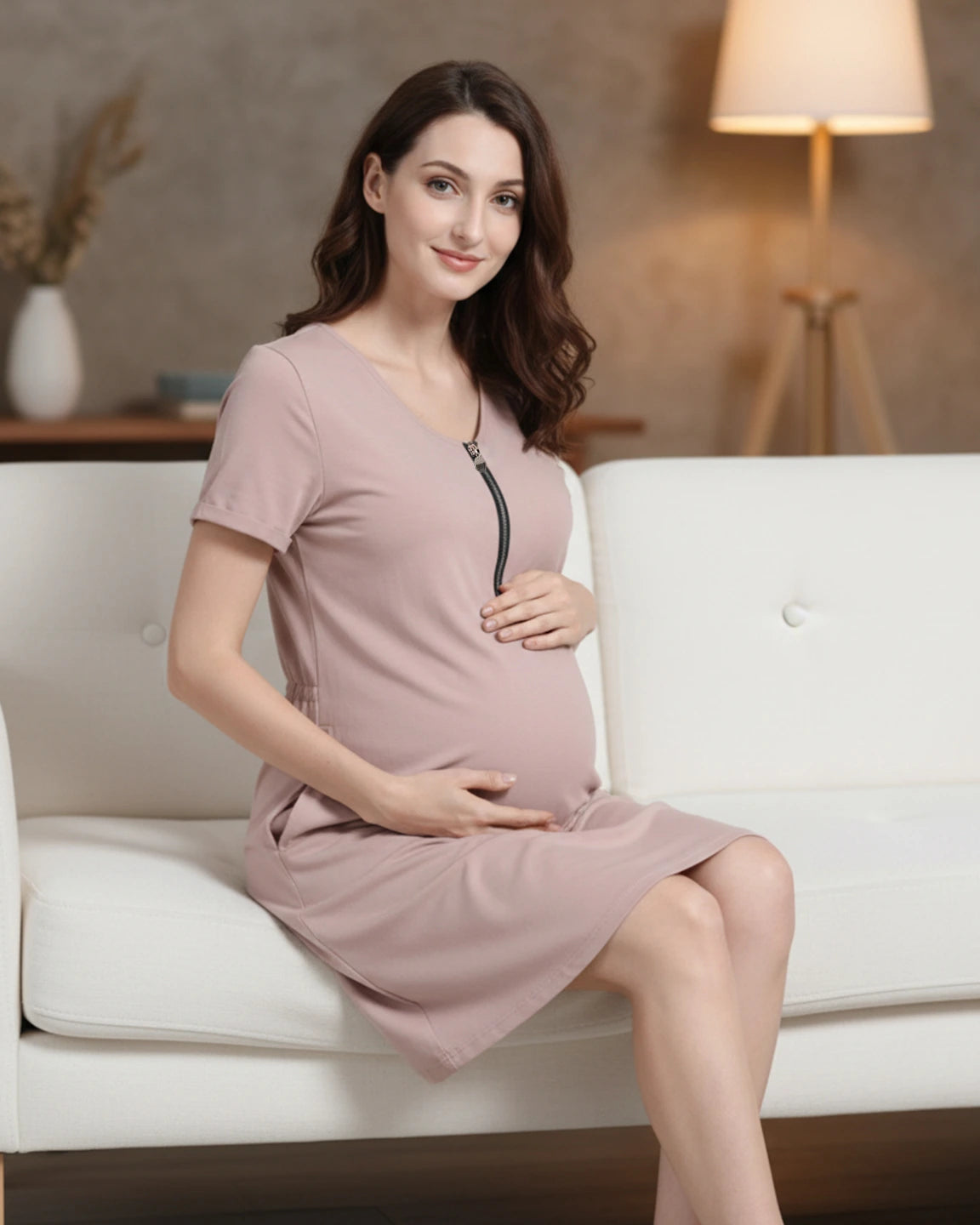 Short-Sleeve Front Zip Maternity & Nursing Dress