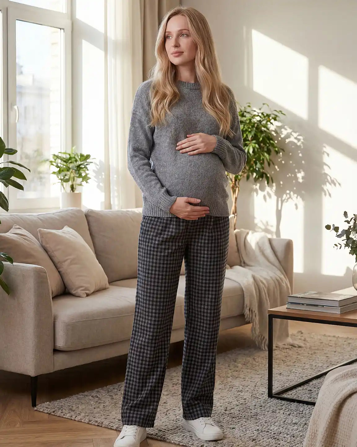 Adjustable Waistband Plaid Pattern Maternity Pants
