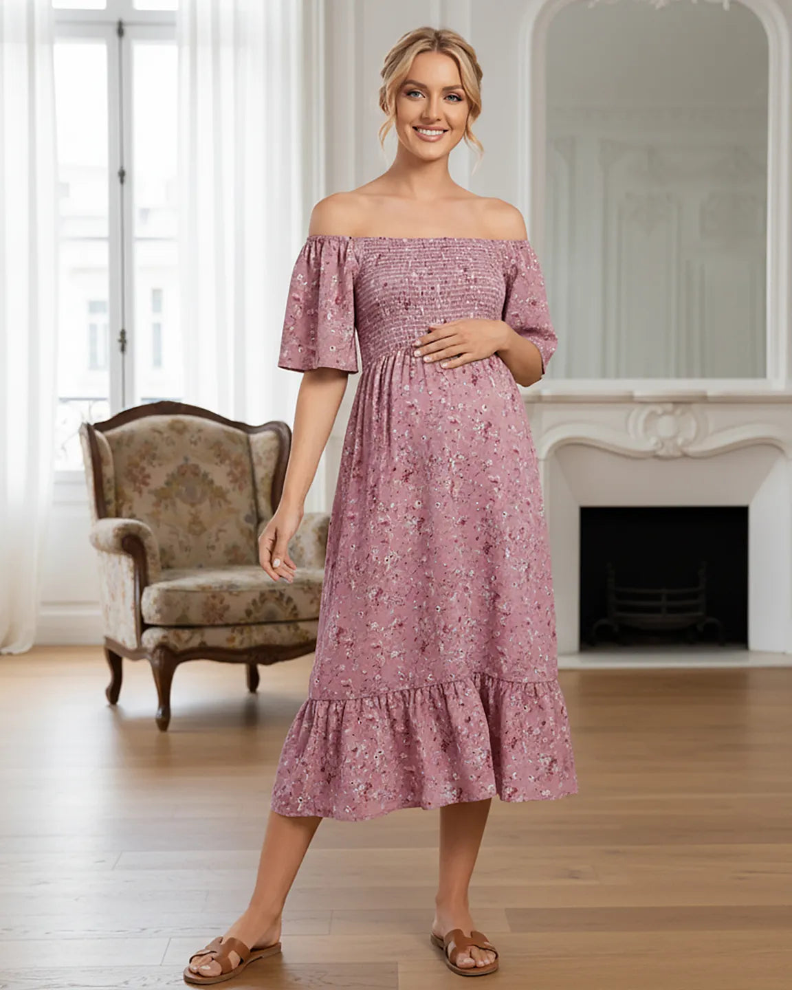 Floral Print Flowy Tiered Maternity Maxi Dress