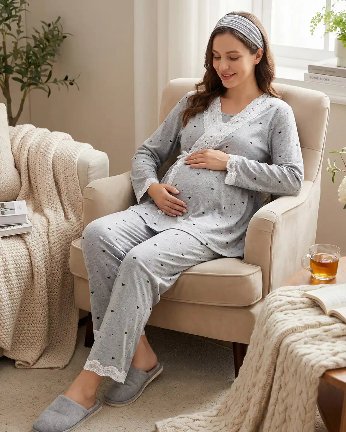 Lace V-Neck Cozy 3-Piece Maternity Nursing Lounge Set