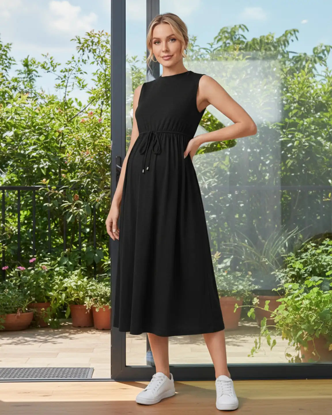 Drawstring Waist Sleeveless Maternity Midi Dress