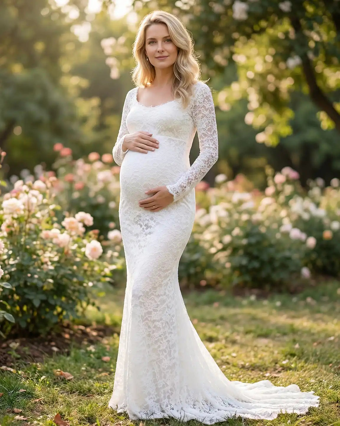 Lace Train Long-Sleeve Maternity Gown