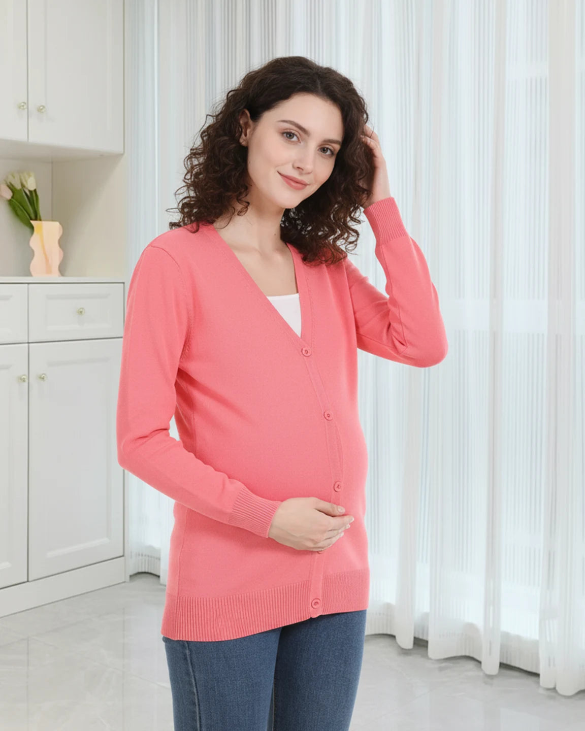 Button-Front V-Neck Maternity Cardigan