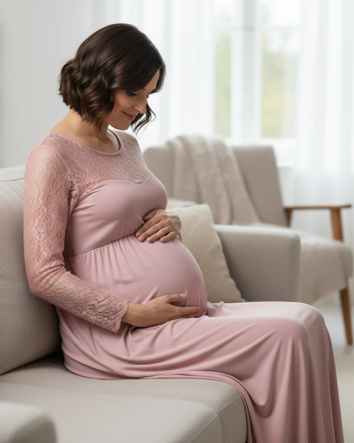 Elegant Lace Floor-Length Maternity Photoshoot Dress