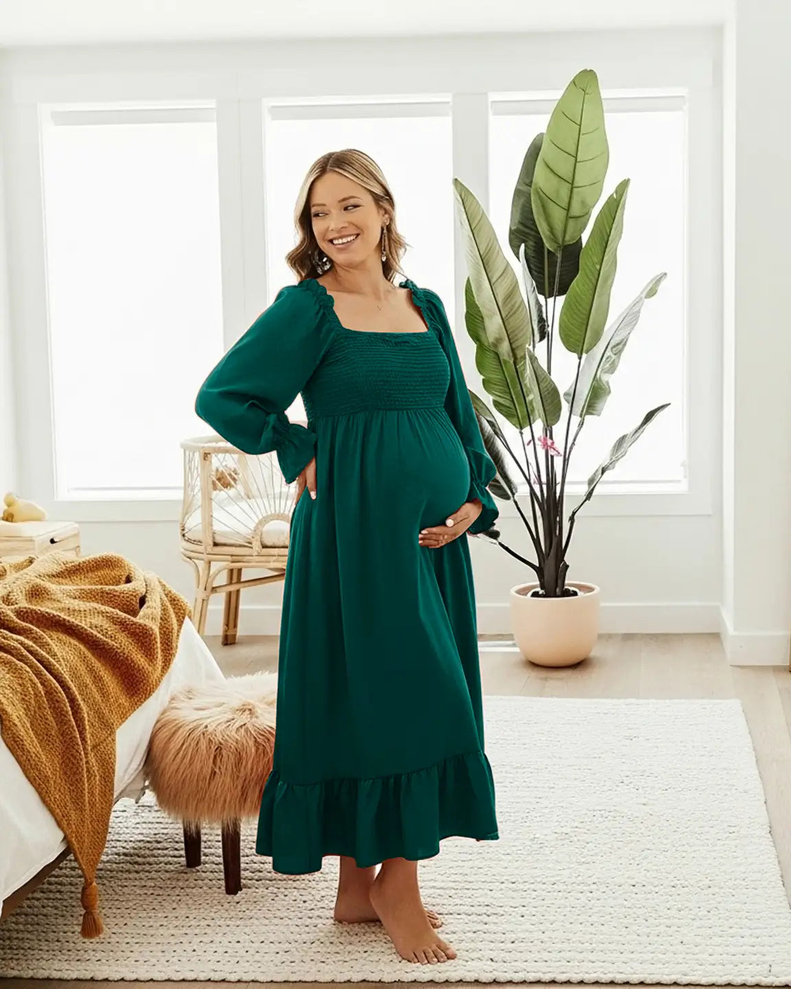 Bishop Sleeves Retro Elegant Maternity Maxi Dress