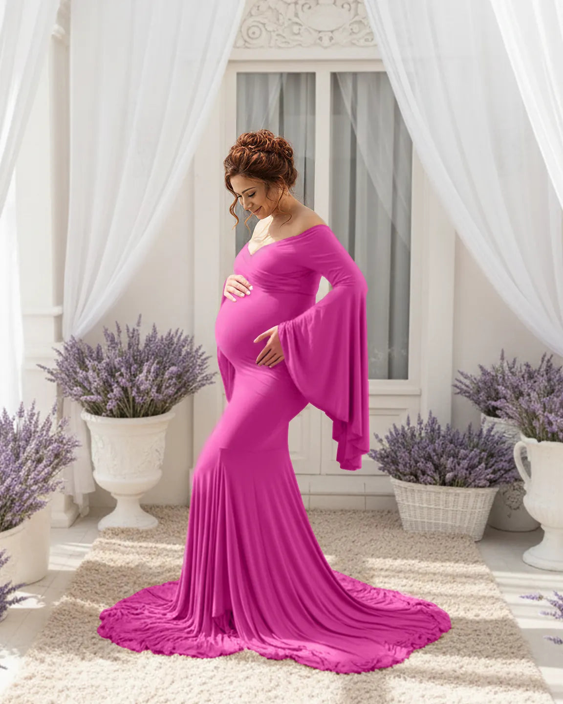 Flared Sleeve Fishtail Train Maternity Photoshoot Dress
