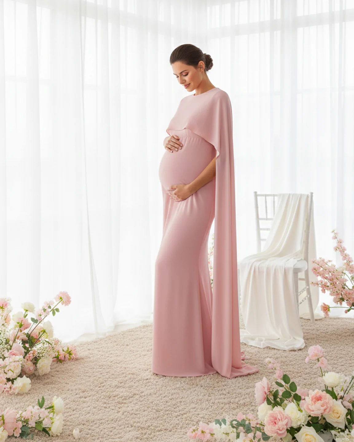 Waterfall Sleeves Mermaid Fit Maternity Evening Gown