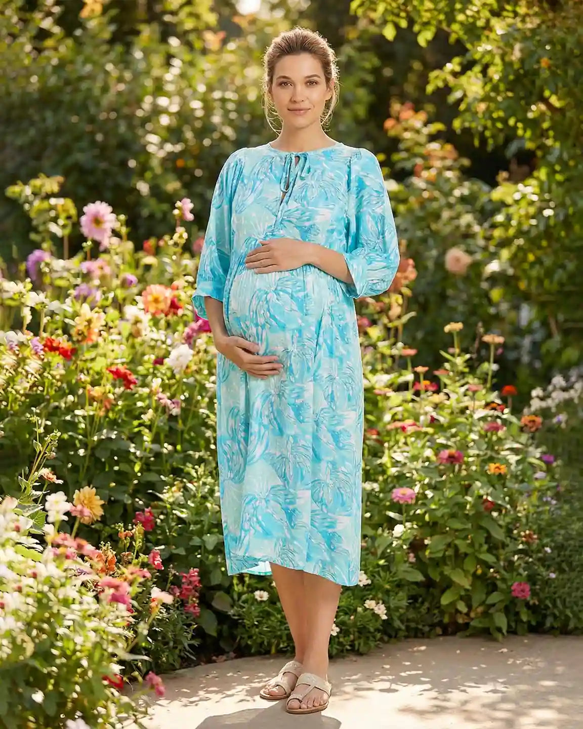 Drawstring Keyhole Neck Floral Maternity Midi Dress